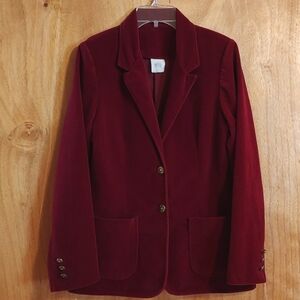 Vintage Womens Ruby Red Velvet Two-Button Fitted Blazer Patch Pockets Size 11